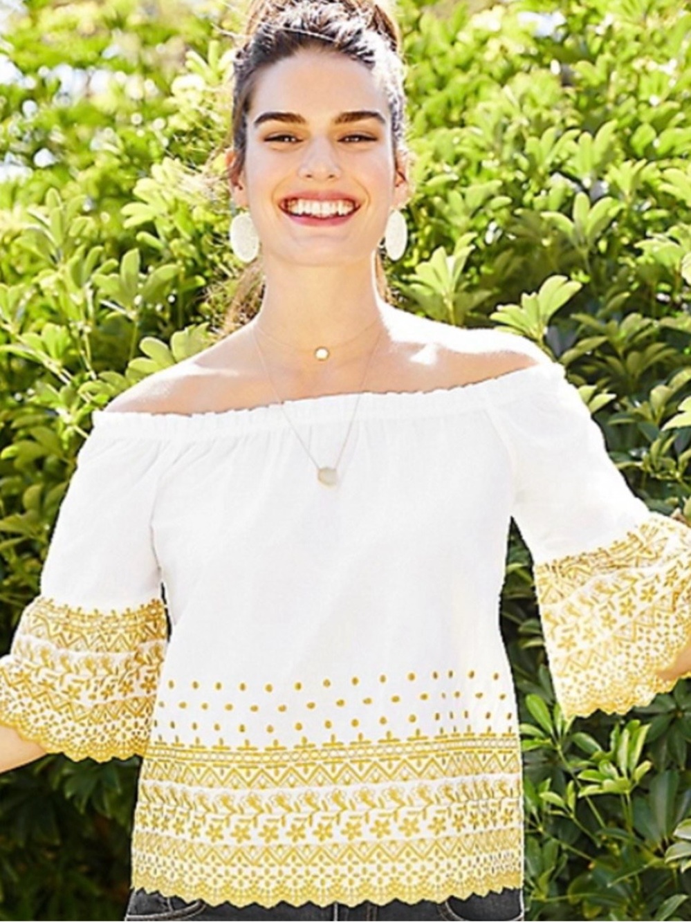 Maurice’s off-Shoulder White Top with Yellow eyelet Embroidered Trim